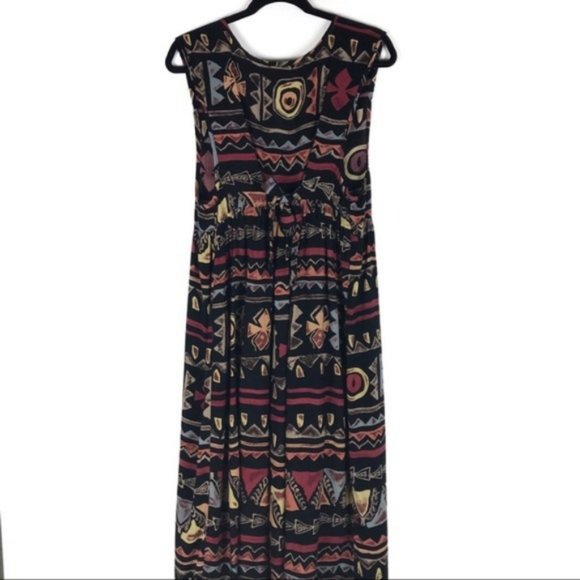 Vintage 90’s Black Aztec Tribal Print Babydoll Maxi D… - Picture 5 of 7